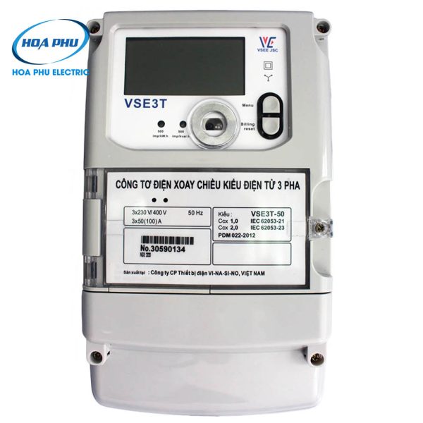 Vinasino VSE3T-50: Công tơ điện tử trực tiếp 3 pha 3 biểu giá 3×50(100)A