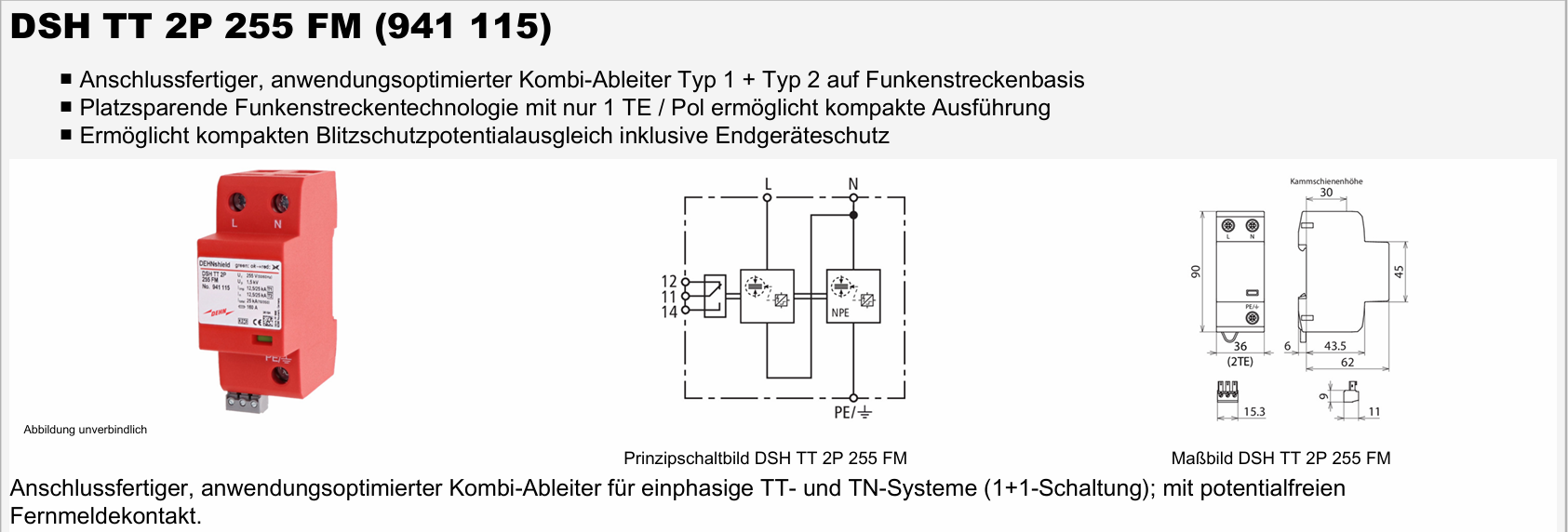 thông số kỹ thuật Tài liệu chống sét DEHNshield DSH TT 255 FM (941115)
