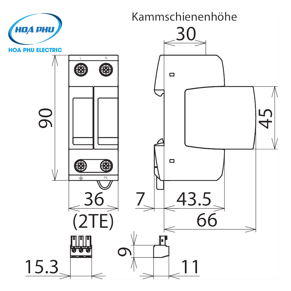 Kích thước chống sét DEHN 952185 DG M H TT 2P 275 FM