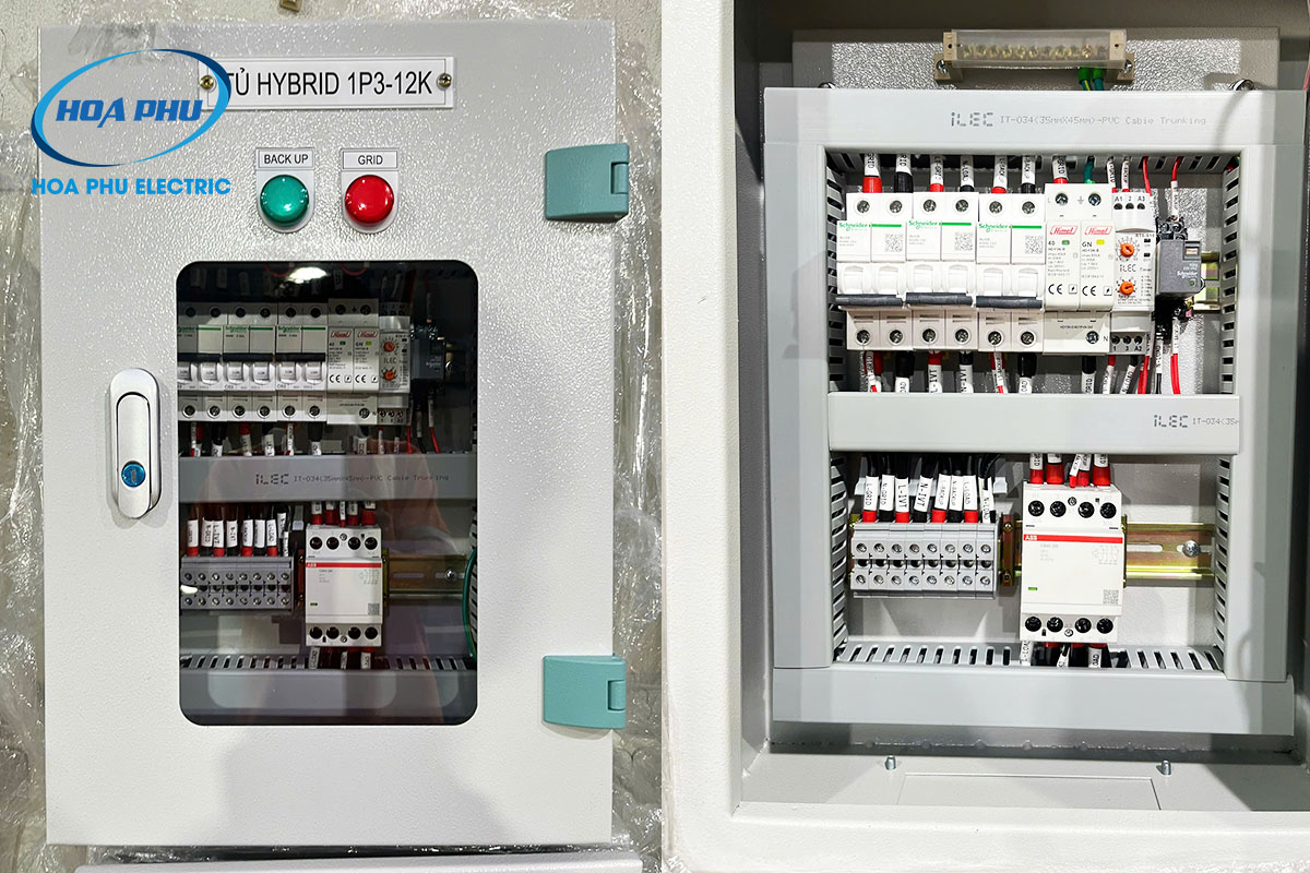 Tủ hybrid 1 pha 3-12kW sử dụng MCB Schneider và contactor ABB do Điện Hòa Phú thi công